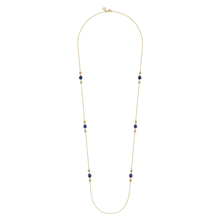 14K Yellow Gold Lapis and Bujukan Bead Station Necklace