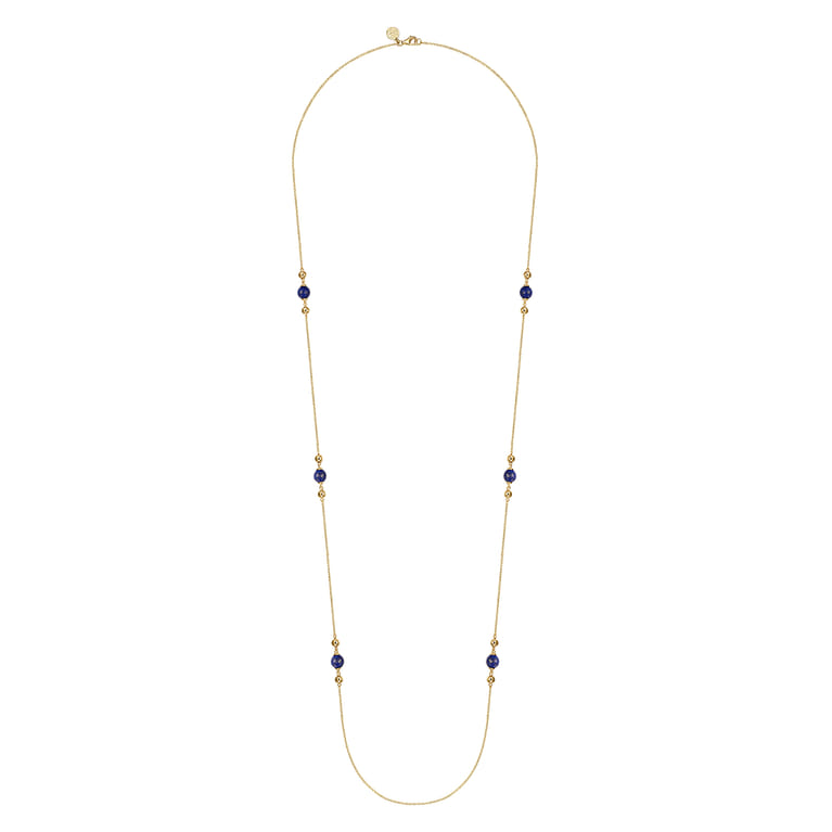 14K Yellow Gold Lapis and Bujukan Bead Station Necklace - Shot 2