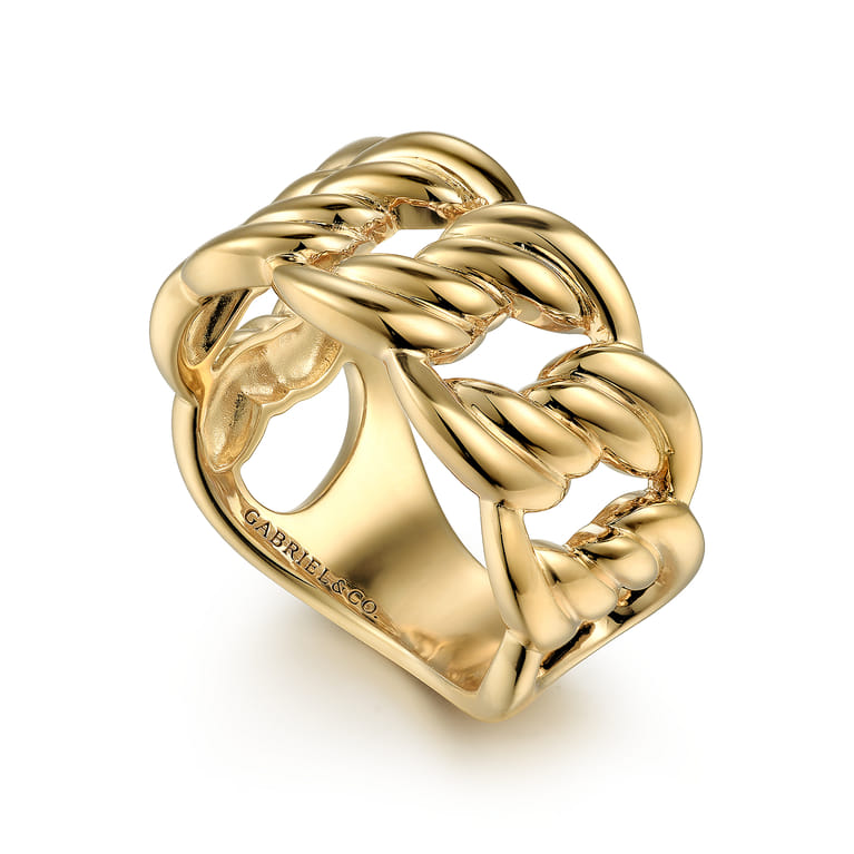 14K Yellow Gold Large Link Wide Band Ring - Shot 3