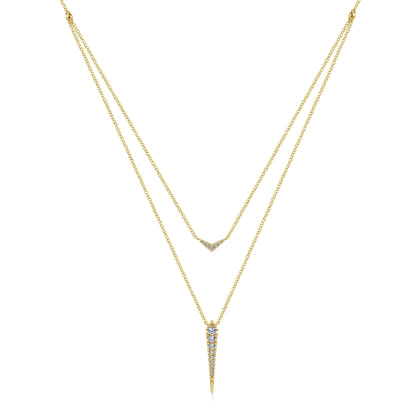 14K Yellow Gold Layered Pave Diamond Bar and Spike Pendant Necklace