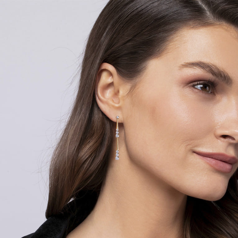 14K Yellow Gold Linear Graduated Diamond Station Drop Earrings in size 45mm - 0.6 ct - Shot 3