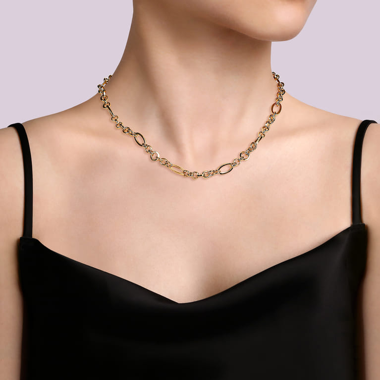 14K Yellow Gold Link Chain Necklace with Oval Stations - Shot 3