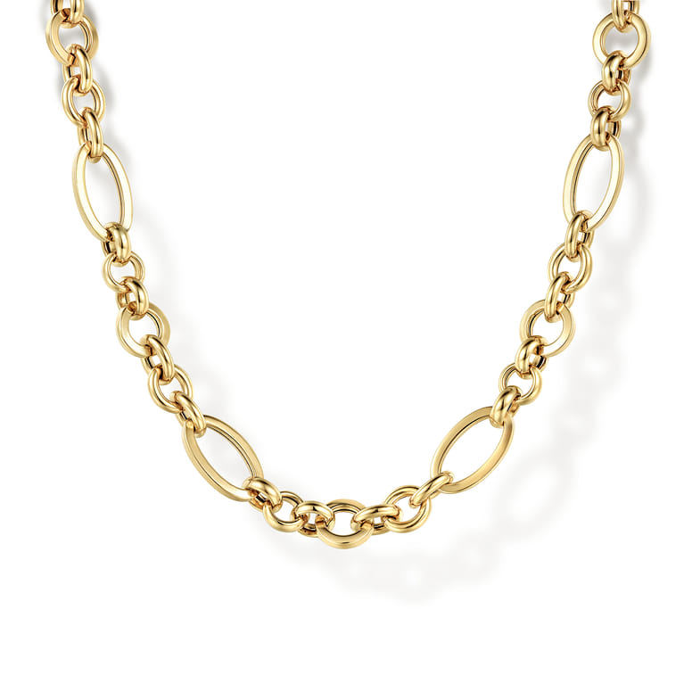 14K Yellow Gold Link Chain Necklace with Oval Stations - Shot 1