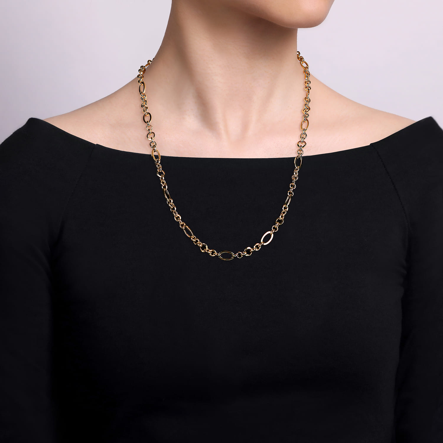 14K Yellow Gold Link Chain Necklace with Oval Stations - Shot 3