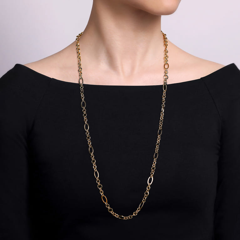 14K Yellow Gold Link Chain Necklace with Oval Stations - Shot 3