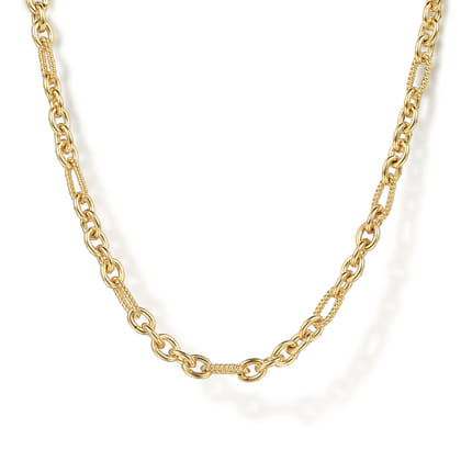 14K Yellow Gold Link Chain Necklace with Twisted Rope Stations