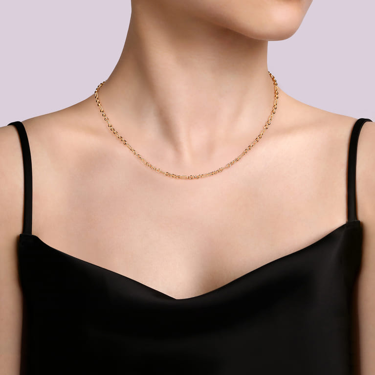 14K Yellow Gold Link Chain Necklace with Twisted Rope Stations - Shot 3