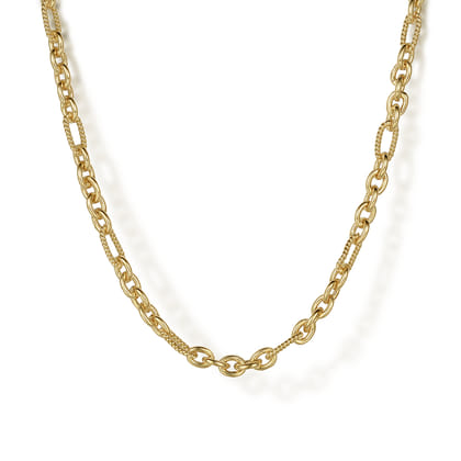 14K Yellow Gold Link Chain Necklace with Twisted Rope Stations