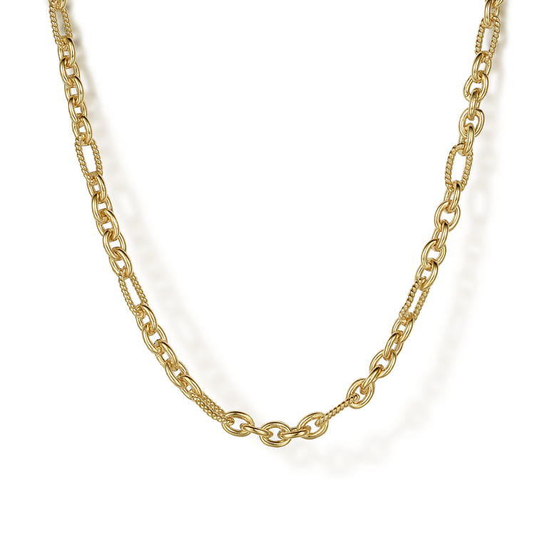 14K Yellow Gold Link Chain Necklace with Twisted Rope Stations - Shot 1