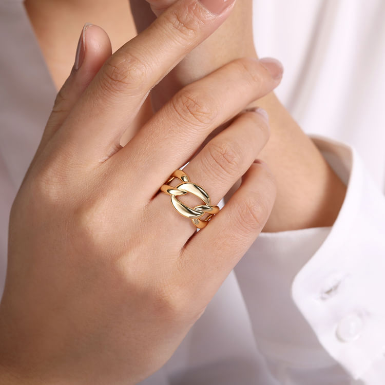 14K Yellow Gold Link Chain Wide Band Ring