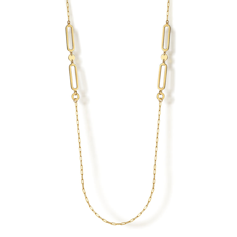 14K Yellow Gold Link Station Necklace With Hollow Paperclip Chain - Shot 1