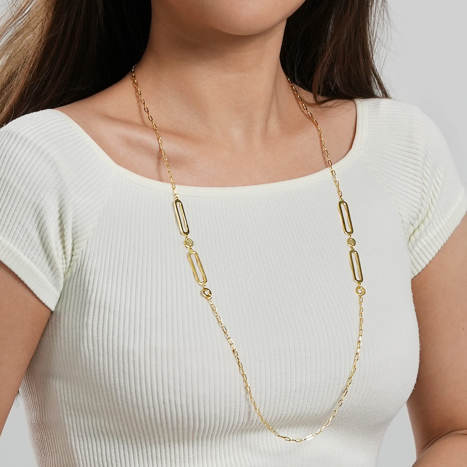 14K Yellow Gold Link Station Necklace With Hollow Paperclip Chain - Shot 3