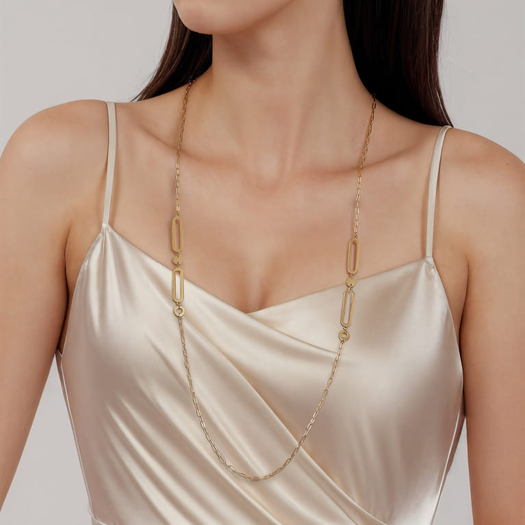 14K Yellow Gold Link Station Necklace With Hollow Paperclip Chain - Shot 5