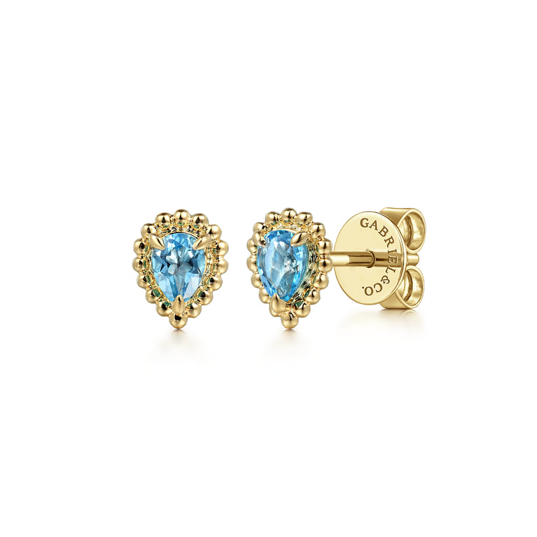 14K Yellow Gold London Blue Topaz Bujukan Pear Shape Stud Earrings - Shot 1