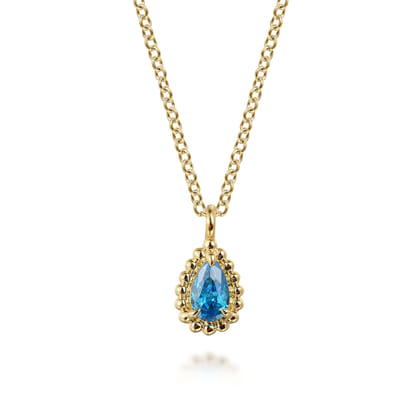 14K Yellow Gold London Blue Topaz Bujukan Teardrop Pendant Necklace