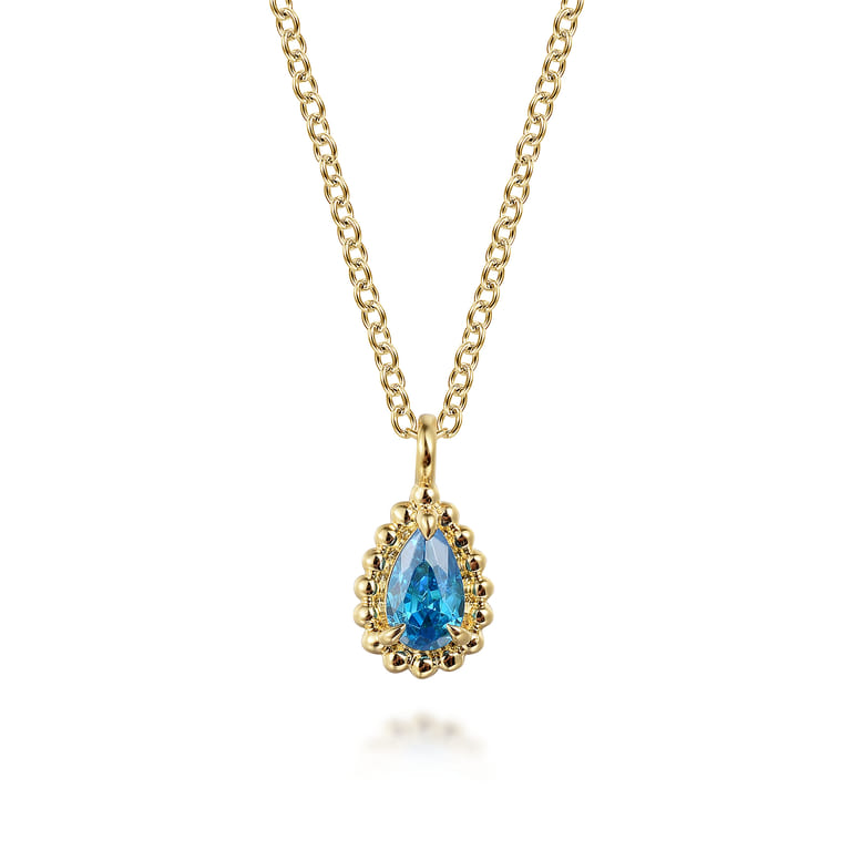 14K Yellow Gold London Blue Topaz Bujukan Teardrop Pendant Necklace - Shot 1