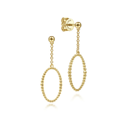 14K Yellow Gold Long Bujukan Oval Drop Earrings