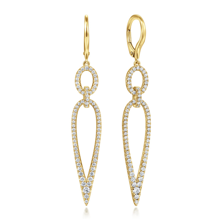 14K Yellow Gold Long Diamond Teardrop Earrings - 1 ct - Shot 1