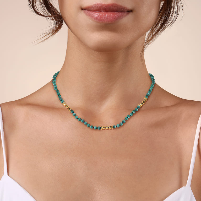 14K Yellow Gold Malachite Beads Necklace - Shot 3