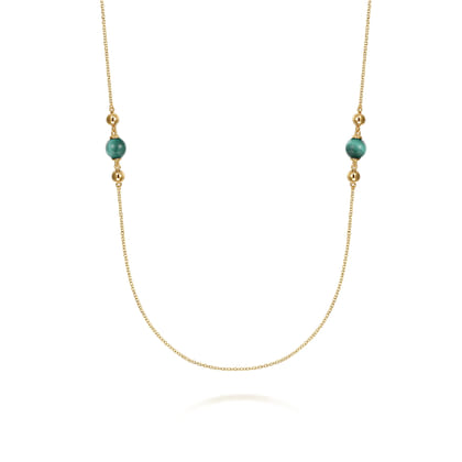 14K Yellow Gold Malachite and Bujukan Bead Station Necklace