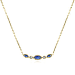 14K Yellow Gold Marquise Shape Sapphire and Bezel Set Diamond Bar Necklace