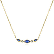 14K Yellow Gold Marquise Shape Sapphire and Bezel Set Diamond Bar Necklace