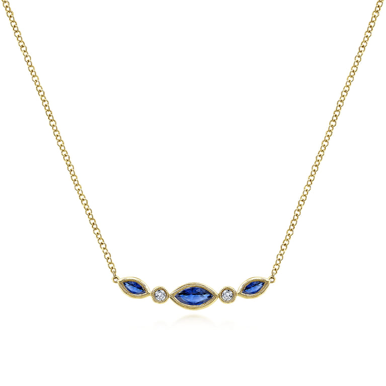 14K Yellow Gold Marquise Shape Sapphire and Bezel Set Diamond Bar Necklace - 0.04 ct - Shot 1