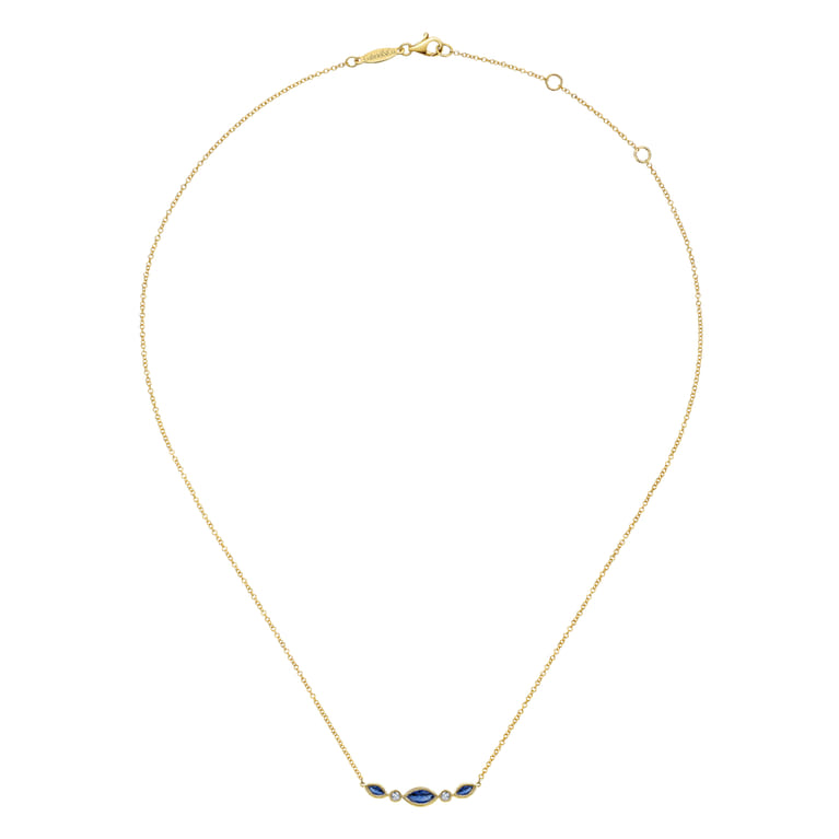 14K Yellow Gold Marquise Shape Sapphire and Bezel Set Diamond Bar Necklace - 0.04 ct - Shot 2
