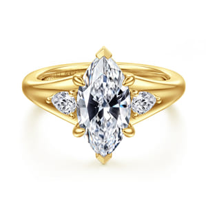 14K Yellow Gold Marquise Shape Three Stone Diamond Engagement Ring