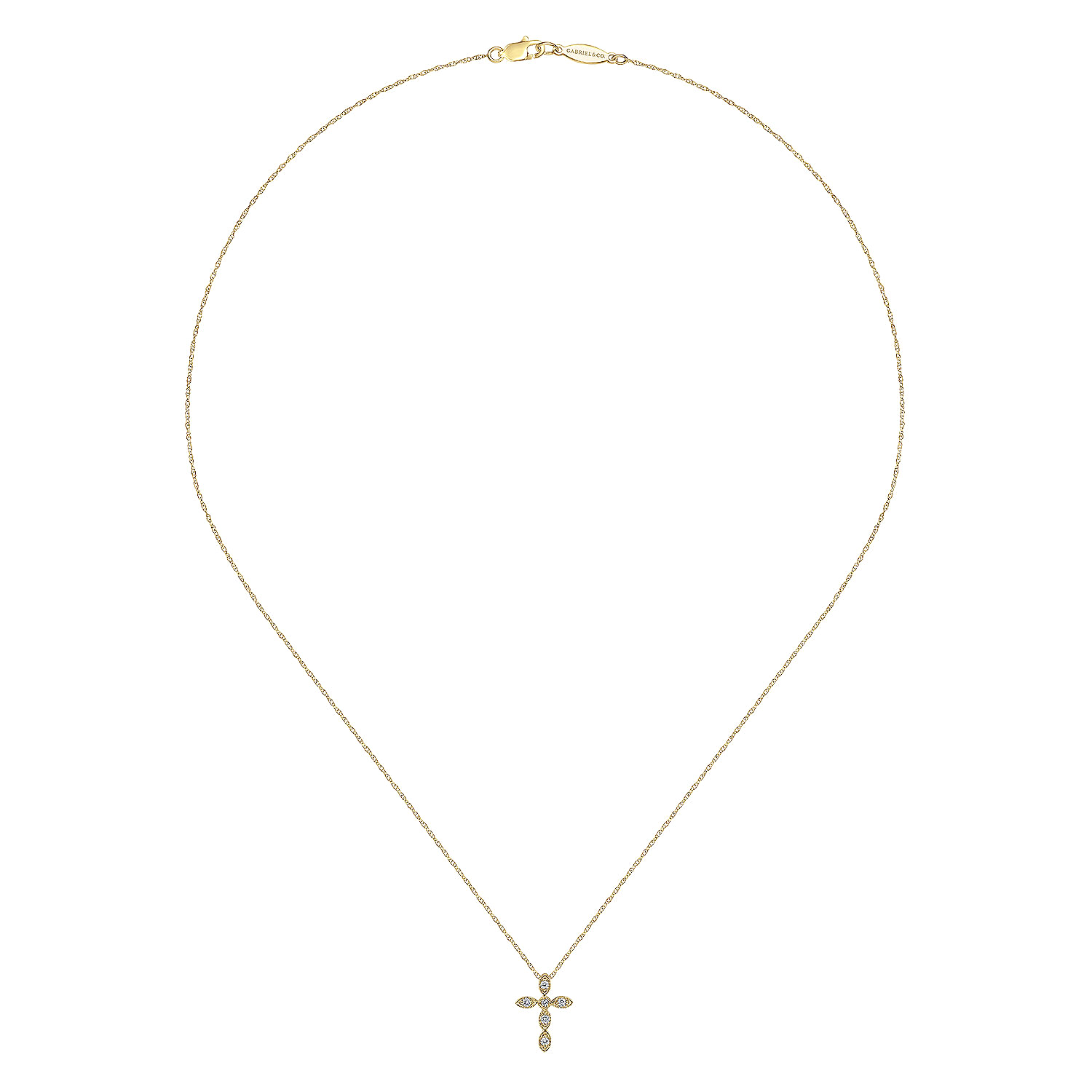 14K Yellow Gold Marquise Shaped Diamond Cross Necklace - 0.09 ct - Shot 2