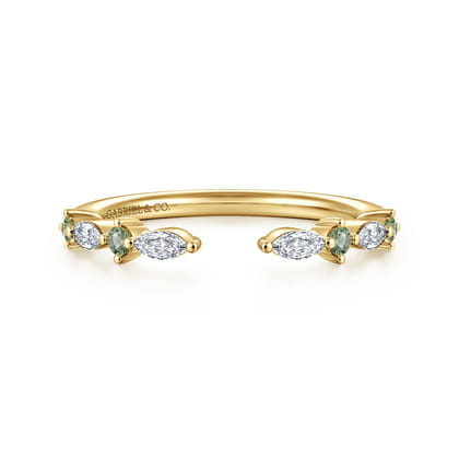 14K Yellow Gold Marquise and Round Open Green Sapphire and Diamond Anniversary Band