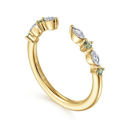 14K Yellow Gold Marquise and Round Open Green Sapphire and Diamond Anniversary Band