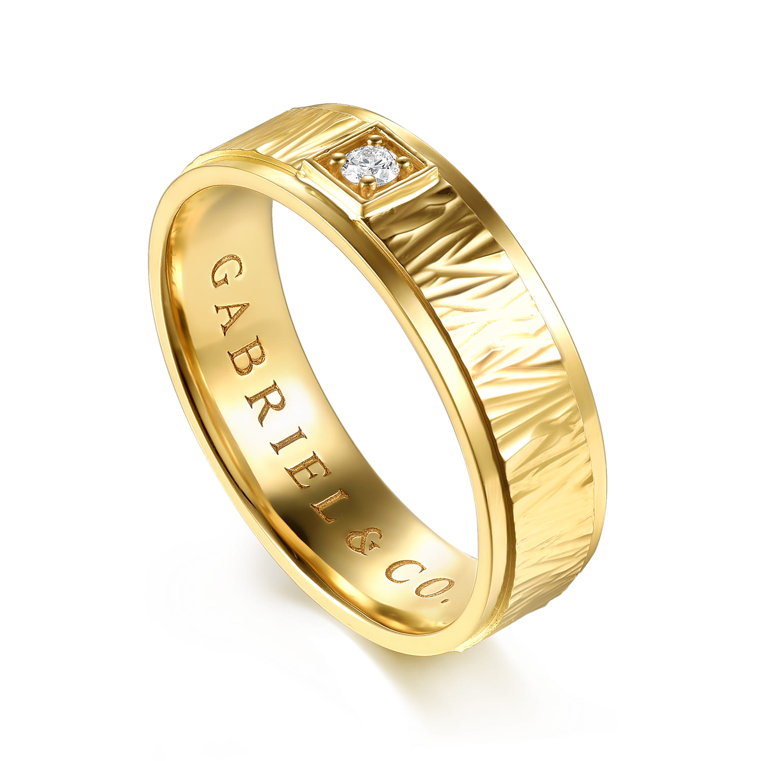 14K Yellow Gold Men's Ring in High Polish Finish with Texture - 0.05 ct - Shot 3