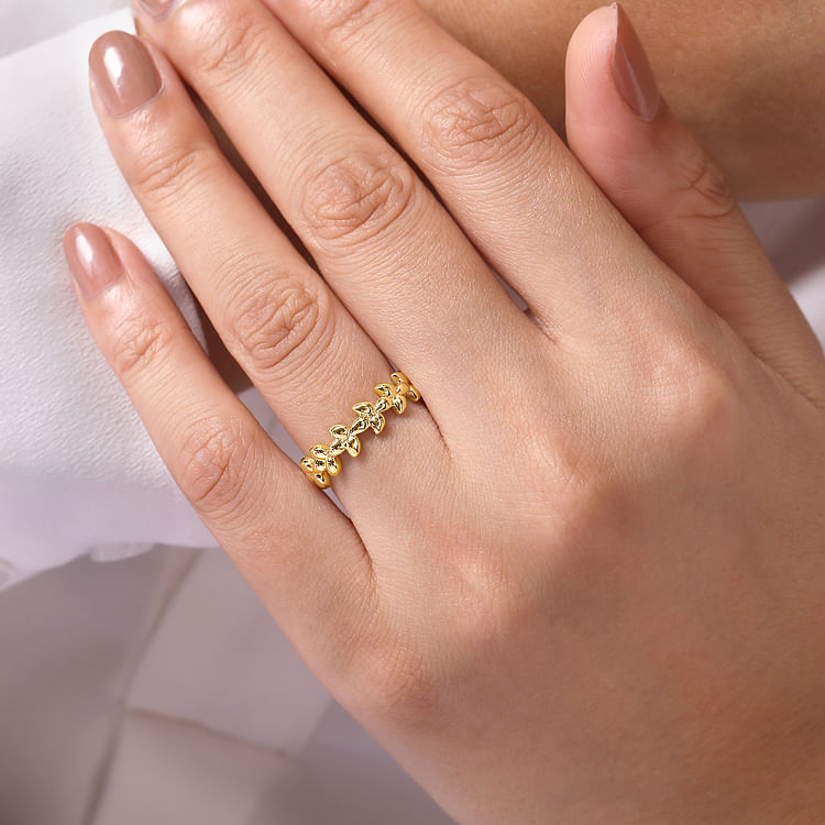 14K Yellow Gold Metal Leaf Station Ring