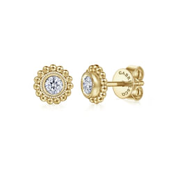 14K Yellow Gold Milgrain Beaded Round Diamond Stud Earrings