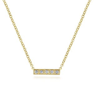 14K Yellow Gold Milgrain Diamond Bar Necklace