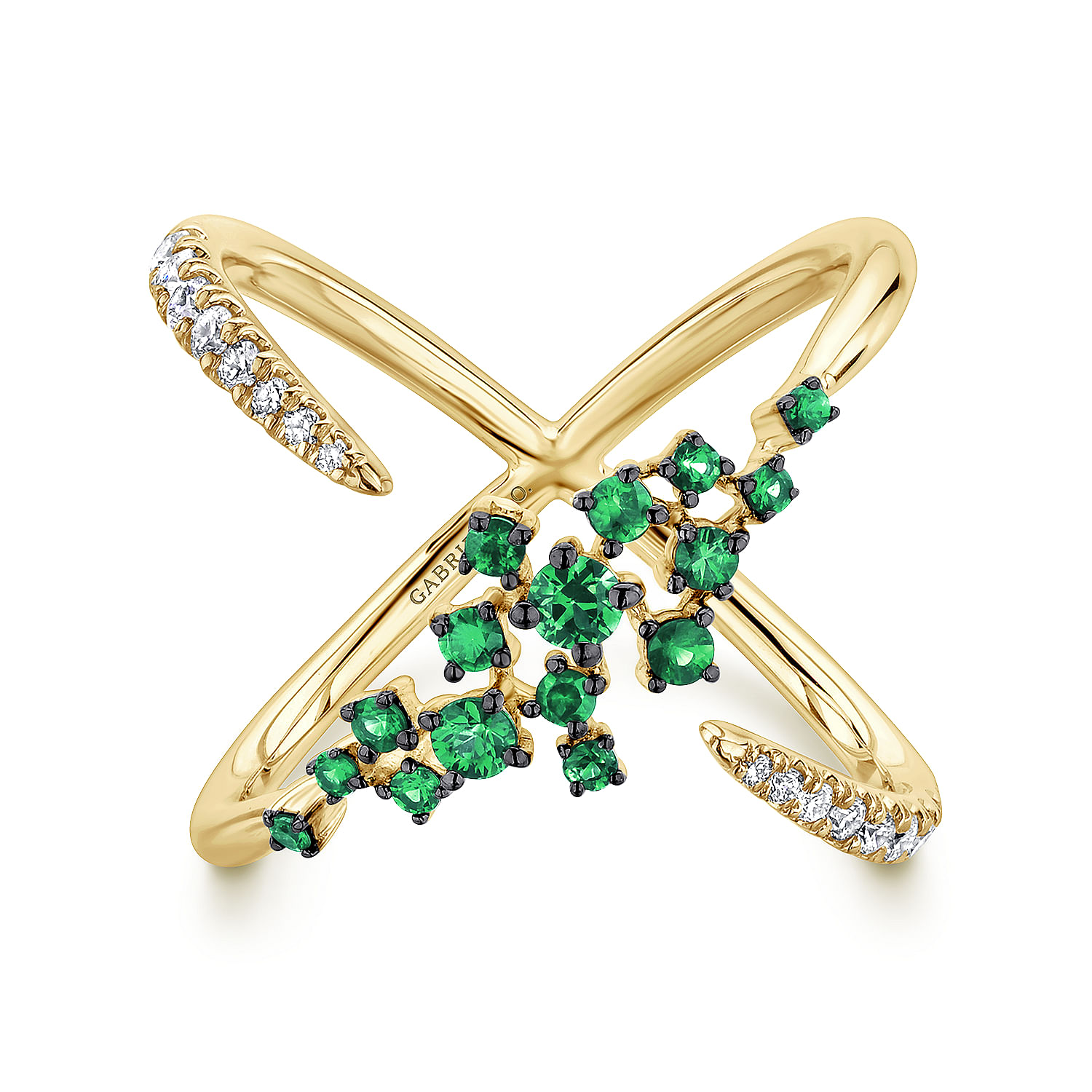 14K Yellow Gold Modern Scattered Emerald  Diamond Ring