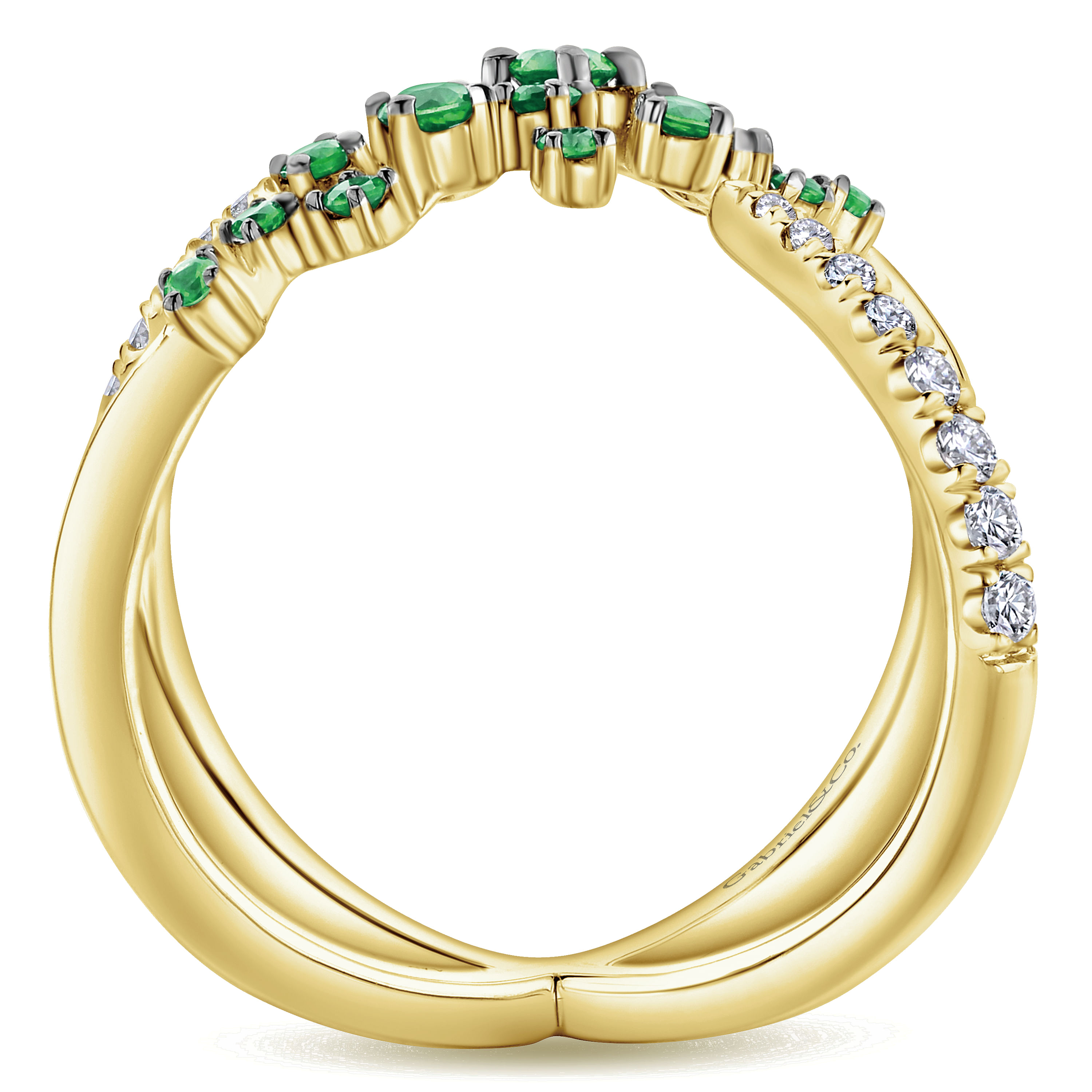 14K Yellow Gold Modern Scattered Emerald  Diamond Ring