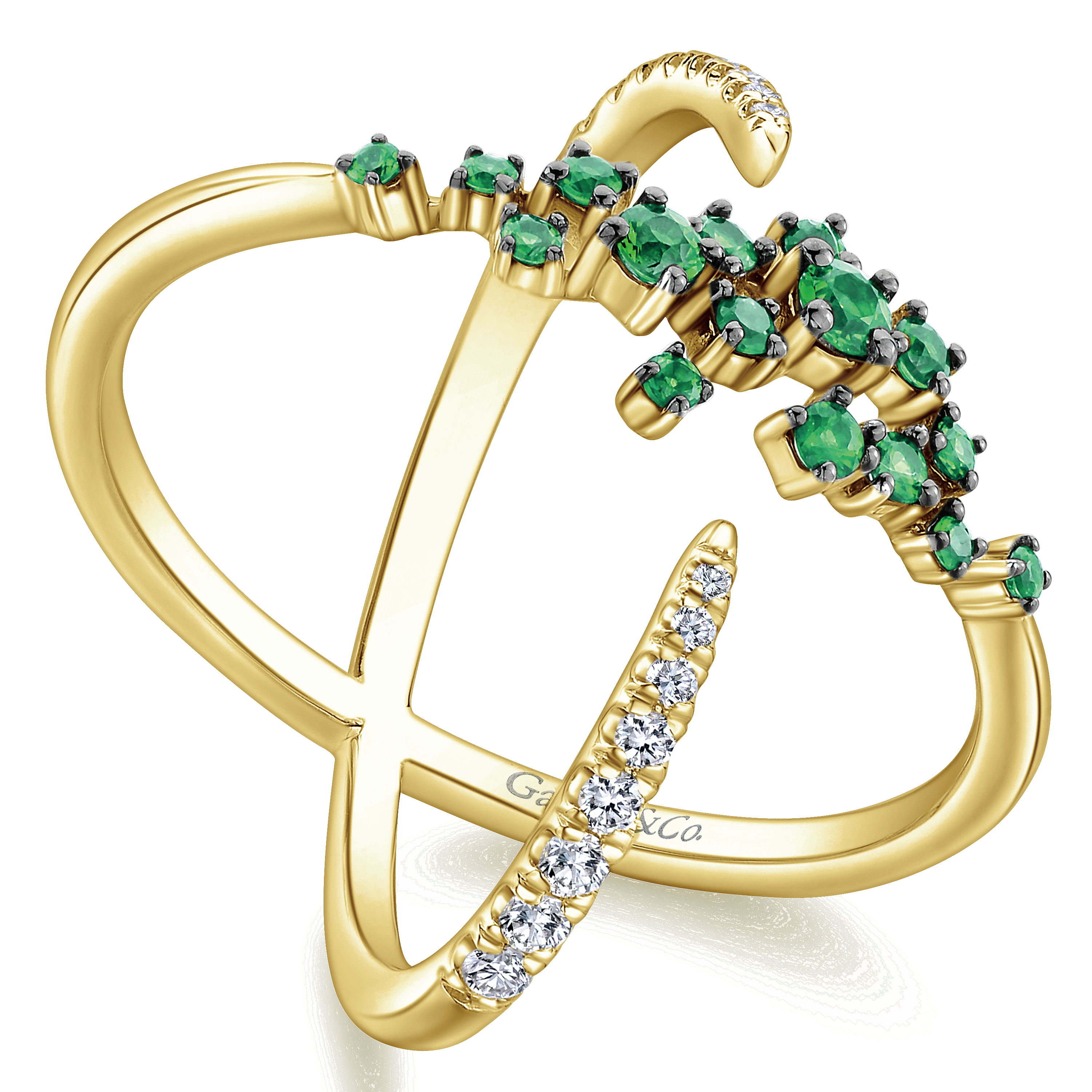 14K Yellow Gold Modern Scattered Emerald  Diamond Ring