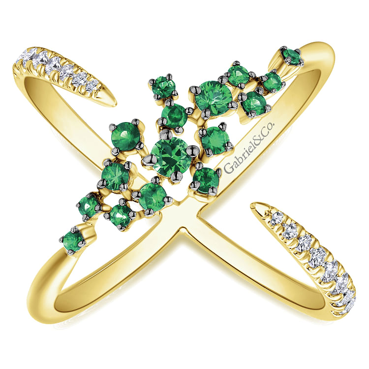 14K Yellow Gold Modern Scattered Emerald  Diamond Ring
