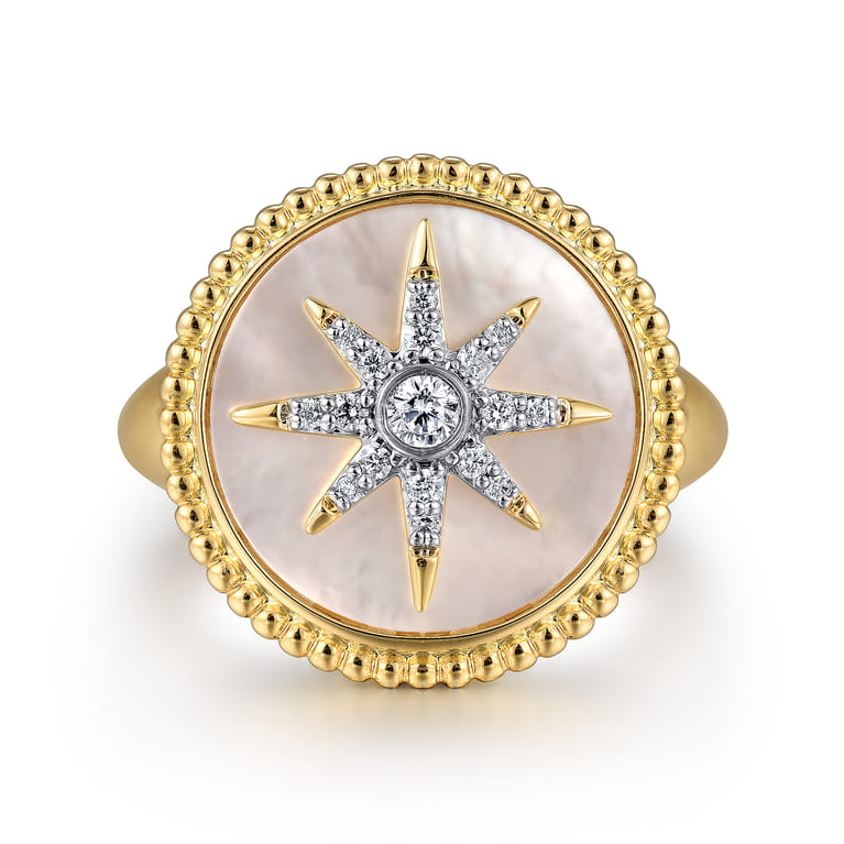 14K Yellow Gold Mother of Pearl Inlay and Diamond Starburst Signet Ring - 0.14 ct - Shot 1