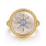 14K Yellow Gold Mother of Pearl Inlay and Diamond Starburst Signet Ring - 0.14 ct