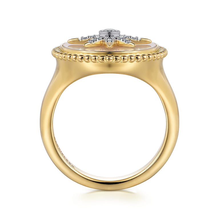 14K Yellow Gold Mother of Pearl Inlay and Diamond Starburst Signet Ring - 0.14 ct - Shot 2