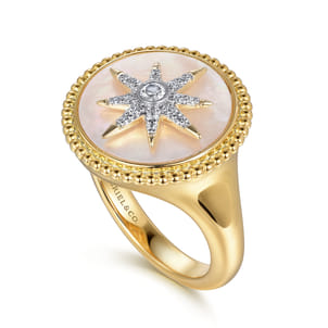 14K Yellow Gold Mother of Pearl Inlay and Diamond Starburst Signet Ring