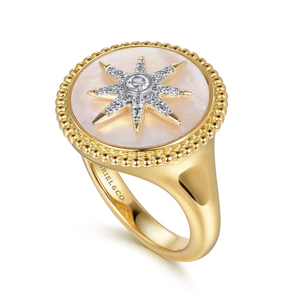 14K Yellow Gold Mother of Pearl Inlay and Diamond Starburst Signet Ring