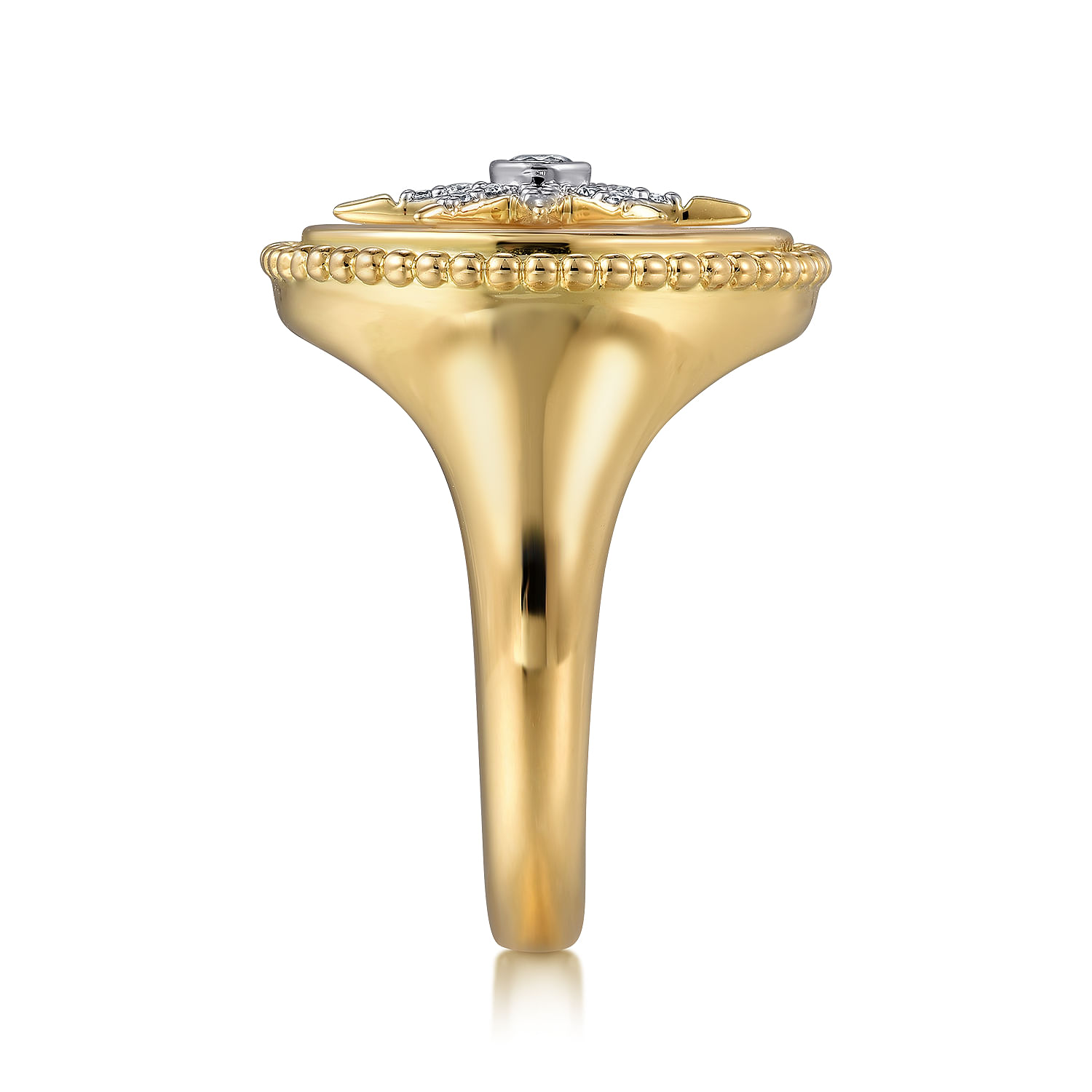 14K Yellow Gold Mother of Pearl Inlay and Diamond Starburst Signet Ring