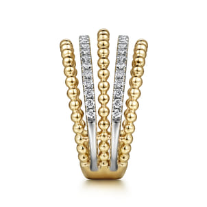 14K Yellow Gold Multi Row Bujukan Beads and Diamond Easy Stackable Ring