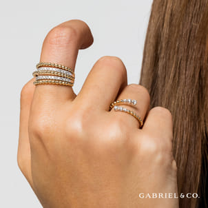 14K Yellow Gold Multi Row Bujukan Beads and Diamond Easy Stackable Ring