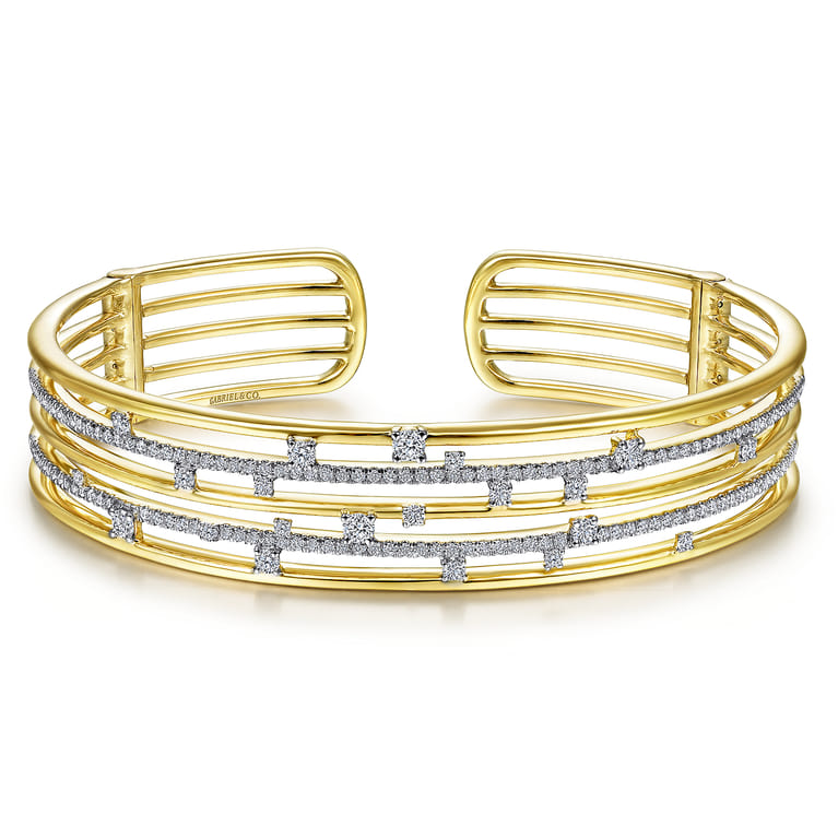 14K Yellow Gold Multi Row Cuff Bracelet with Diamonds - 1.2 ct - Shot 1