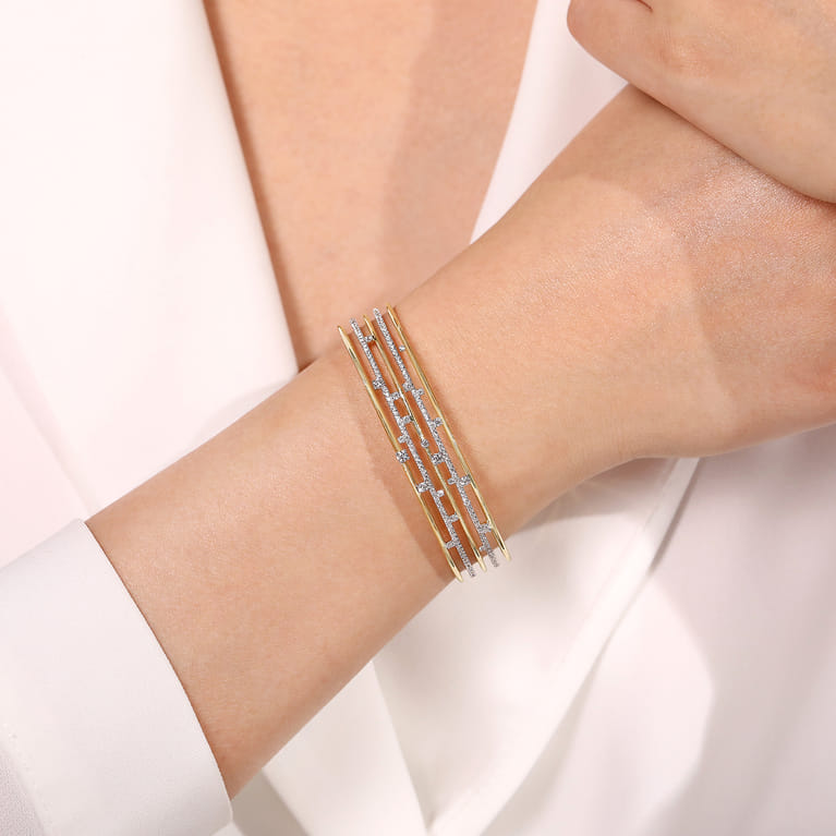 14K Yellow Gold Multi Row Cuff Bracelet with Diamonds - 1.2 ct - Shot 4